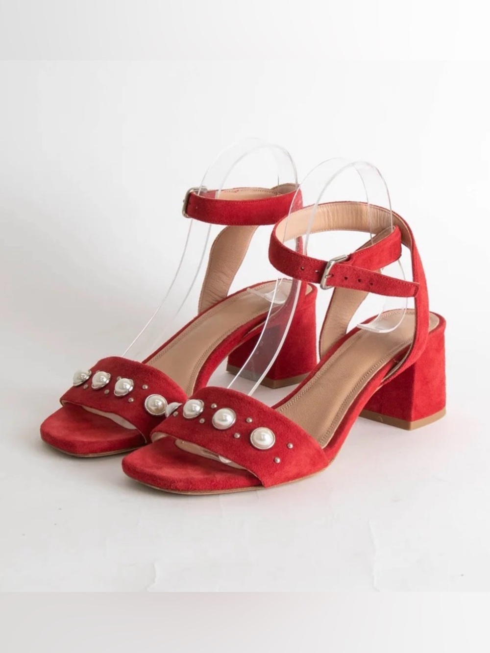 Claudie Pierlot Red Suede Pearl Block Heeled Sandals